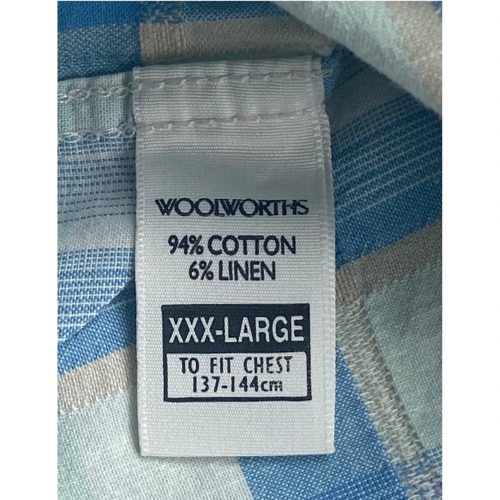 Woolworths Mens XXXL Blue Plaid Cotton Linen Short Sleeve Button Up Shirt 0366